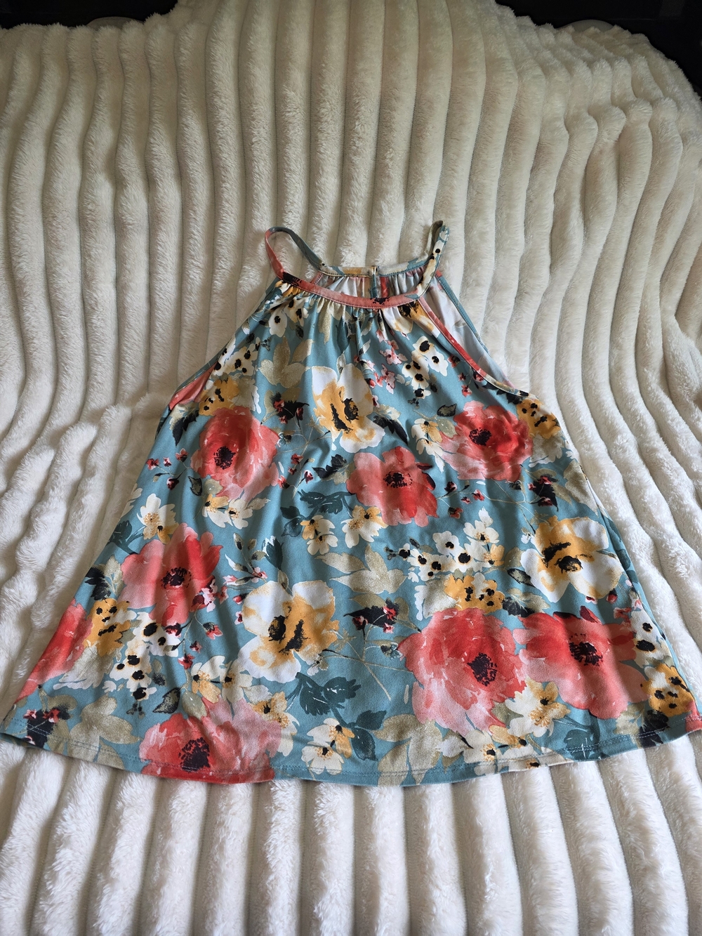 Papermoon Sage Floral Halter Tank Top with Coral & Yellow Blooms